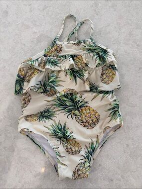 Kids Pineapple Print Ruffle One-Piece Swimsuit - White/Green